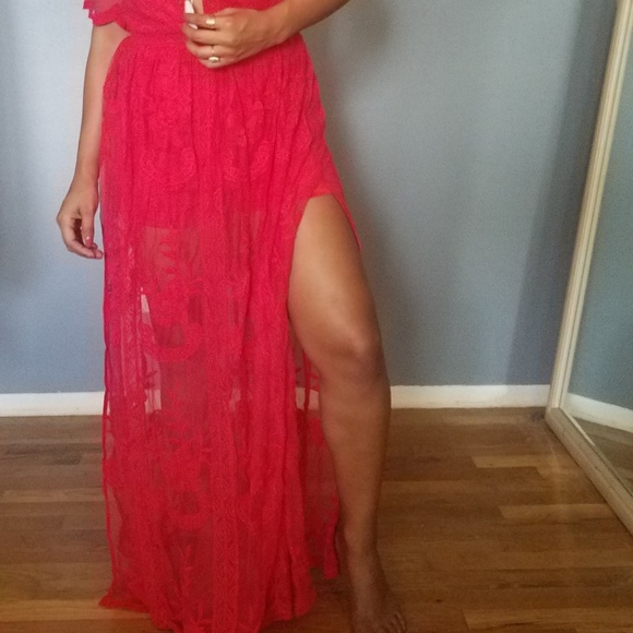 BOHO RED EMBROIDERED MAXI ROMPER DRESS - Picture 5 of 8